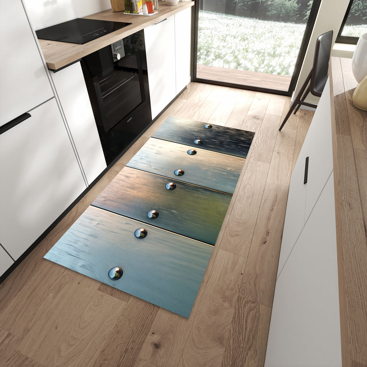 Abriebfester rutschfester Küchenteppich mit Motiv Metallene Paneele in moderner Küche