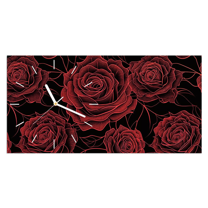 Wanduhr Rosenmuster Schwarz aus Glas – Querformat 60 × 30 cm mit Ziffernblatt Linie