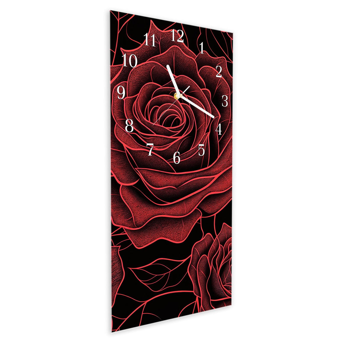 Vormontiert – mit Schwebeeffekt – Wanduhr Rosenmuster Schwarz aus Glas – Hochformat 30 × 60 cm