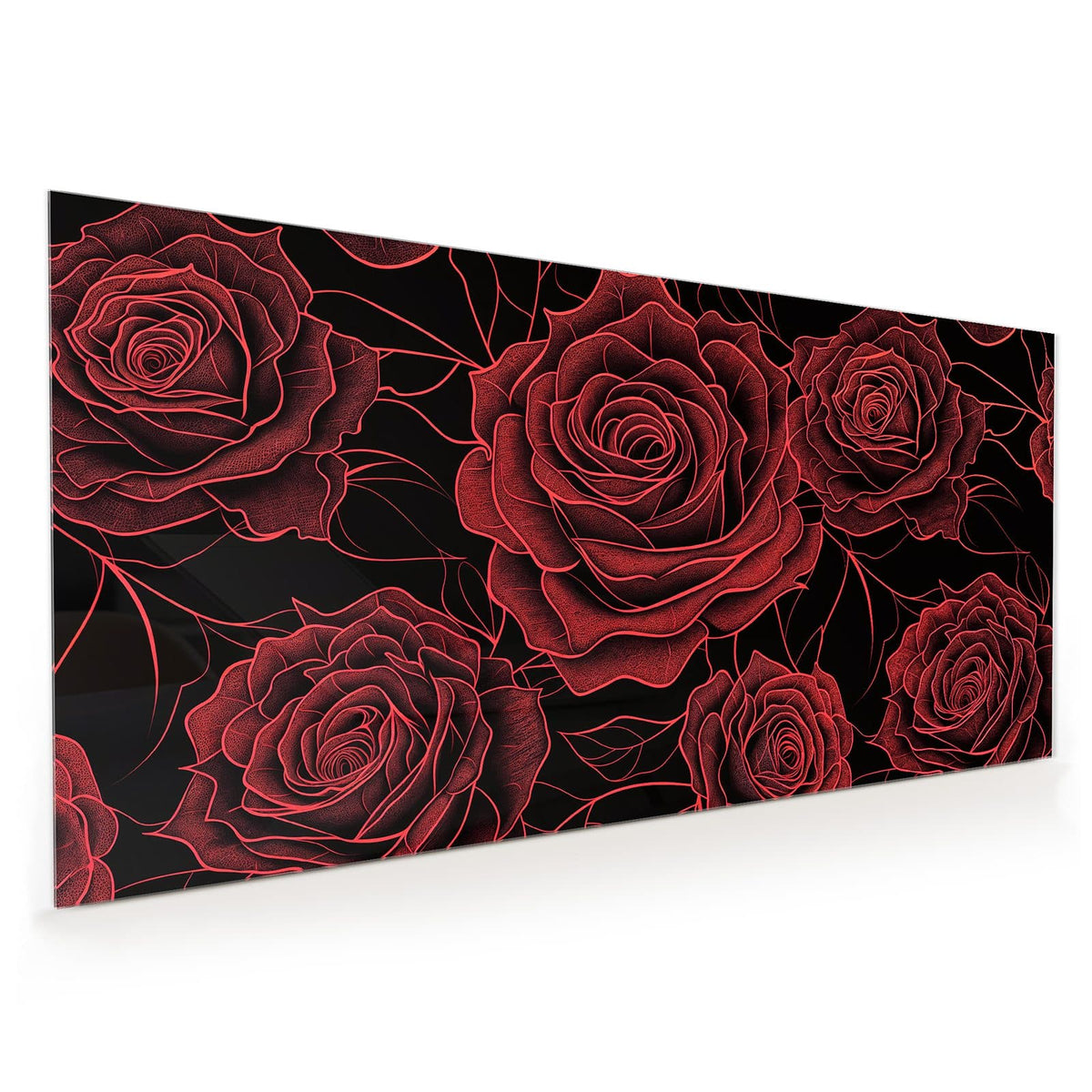 Küchenrückwand aus Glas im Hochformat: Grafisch gezeichnete rote Rosen mit Blättern als Muster auf schwarzem Grund