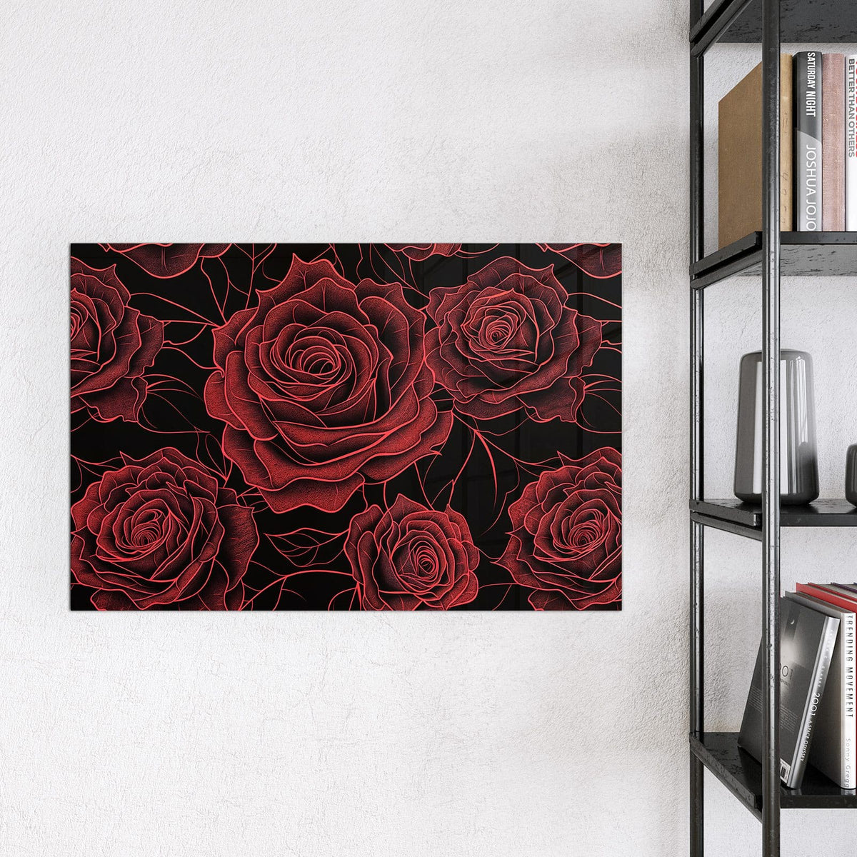 Magnettafel - Rosenmuster in Rot – Skizzierte rote Rosen auf Schwarz