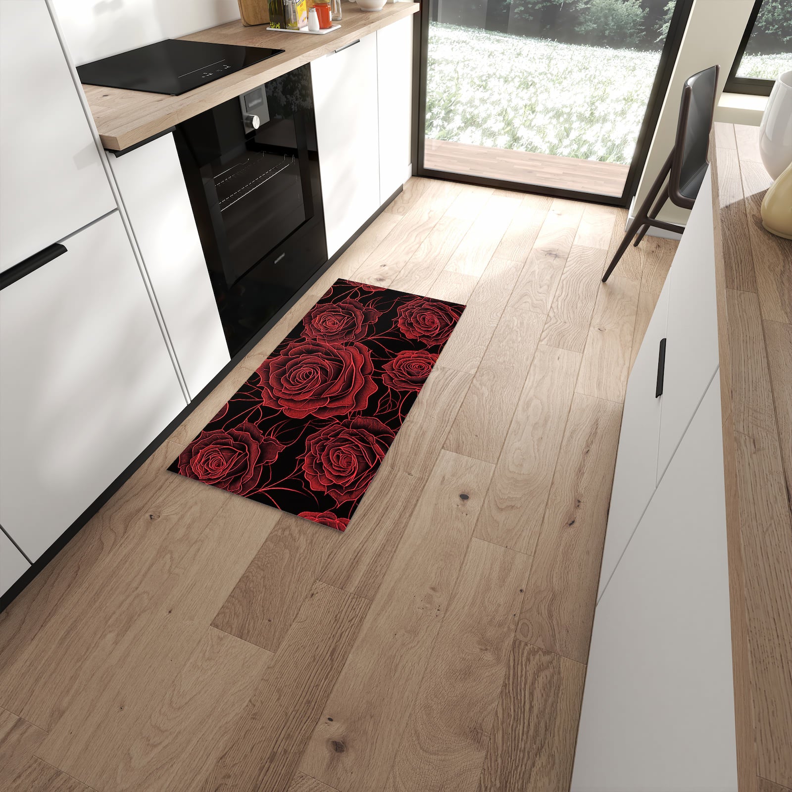 Fleckenresistenter Küchenteppich mit Motiv Rosenmuster Schwarz in moderner Küche #grösse_60 x 120 cm