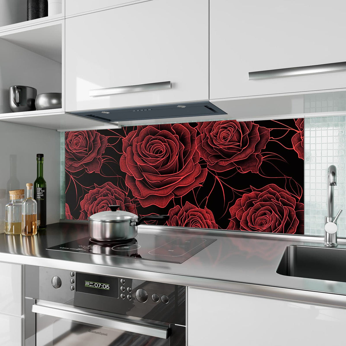 Küchenrückwand aus Glas Rosenmuster in Rot im Hochformat als Spritzschutz hinter dem Kochfeld, über dem Fliesenspiegel montiert