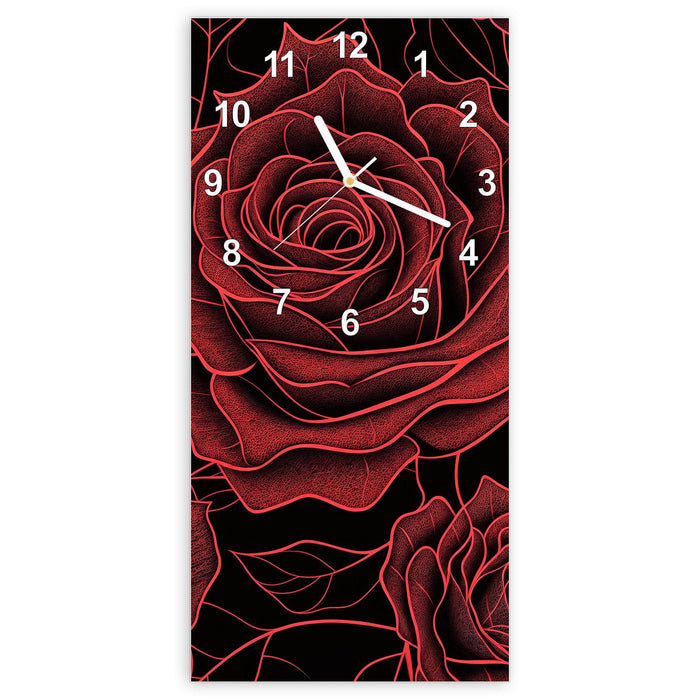 Wanduhr Rosenmuster Schwarz aus Glas – Hochformat 30 × 60 cm mit Ziffernblatt Modern