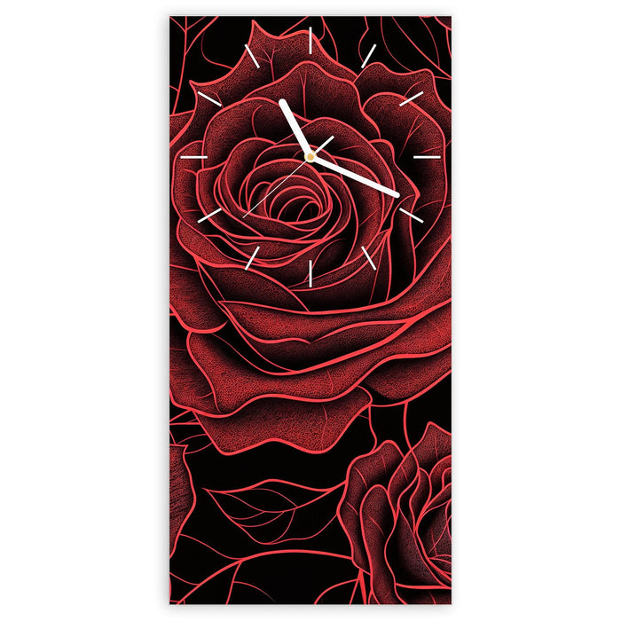 Wanduhr Rosenmuster Schwarz aus Glas – Hochformat 30 × 60 cm mit Ziffernblatt Linie