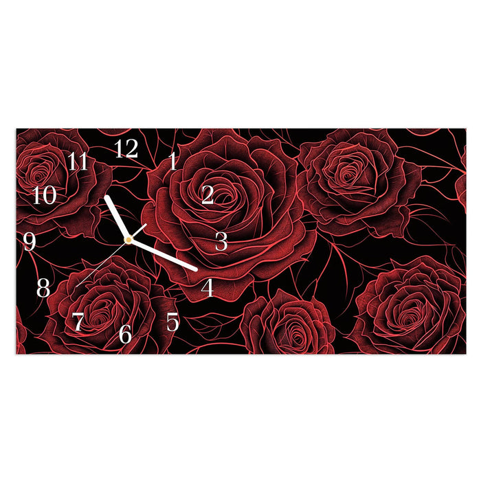 Wanduhr Rosenmuster Schwarz aus Glas – Querformat 60 × 30 cm mit Ziffernblatt Klassisch