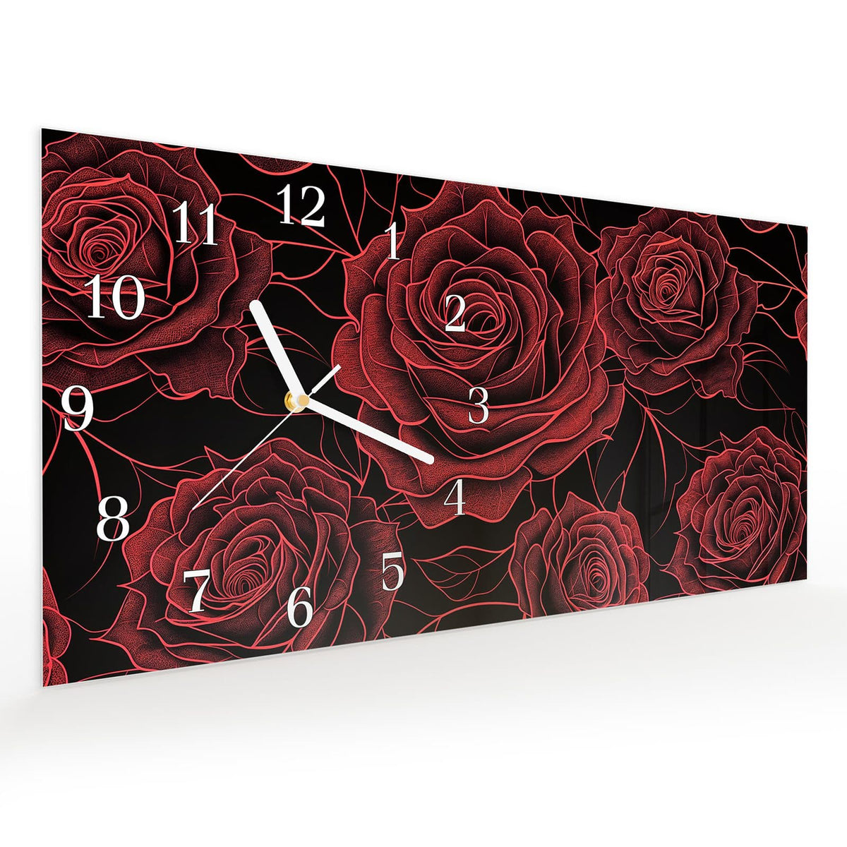 Vormontiert – mit Schwebeeffekt – Wanduhr Rosenmuster Schwarz aus Glas – Querformat 60 × 30 cm