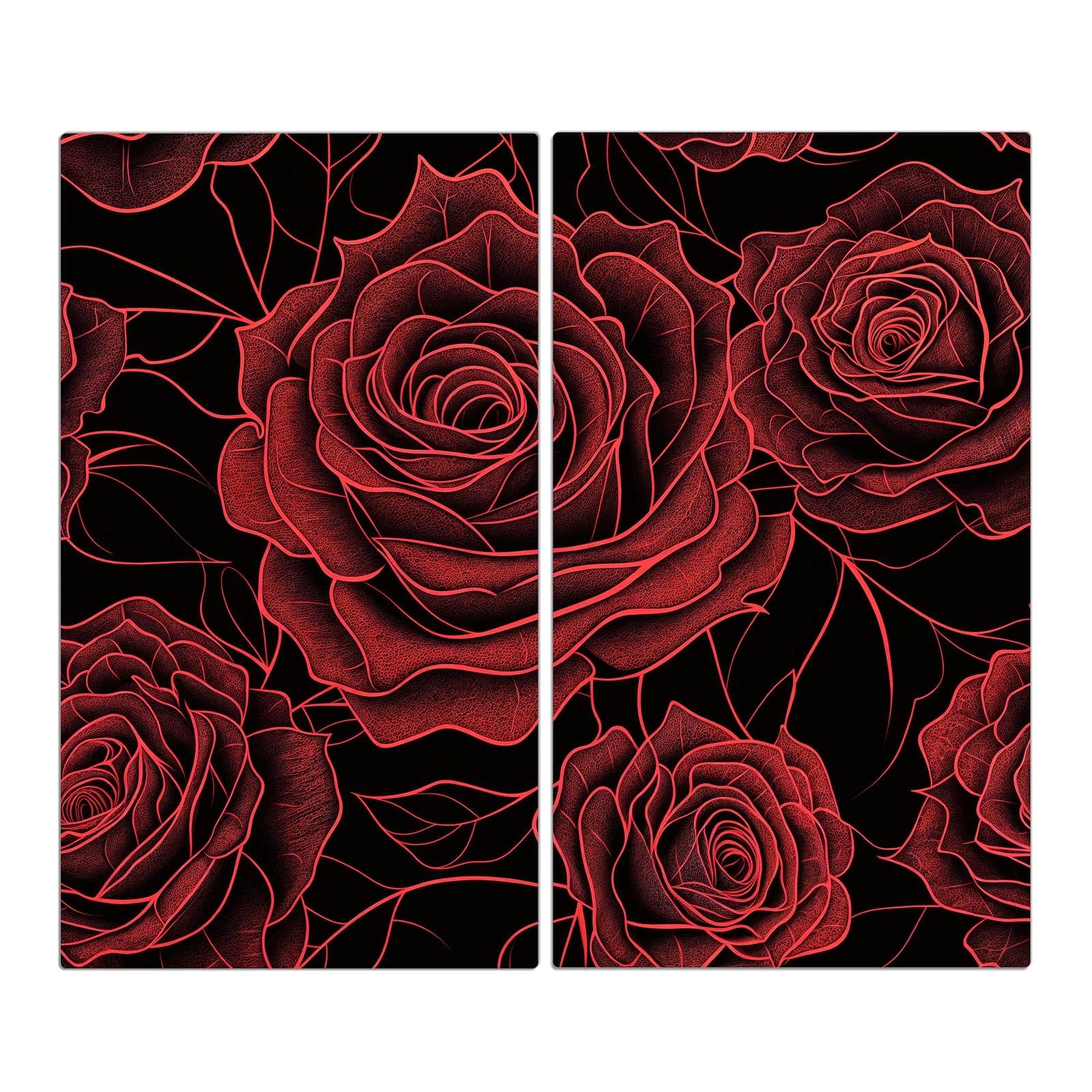 2-teilige Herdabdeckplatten aus Glas mit Rosenmuster Schwarz-Motiv in der Frontansicht