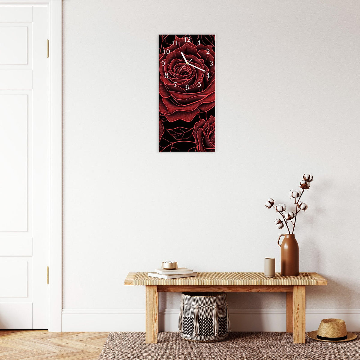 Moderne Wanduhr aus Glas mit Farbtiefe – Wanduhr Rosenmuster Schwarz aus Glas – Hochformat 30 × 60 cm