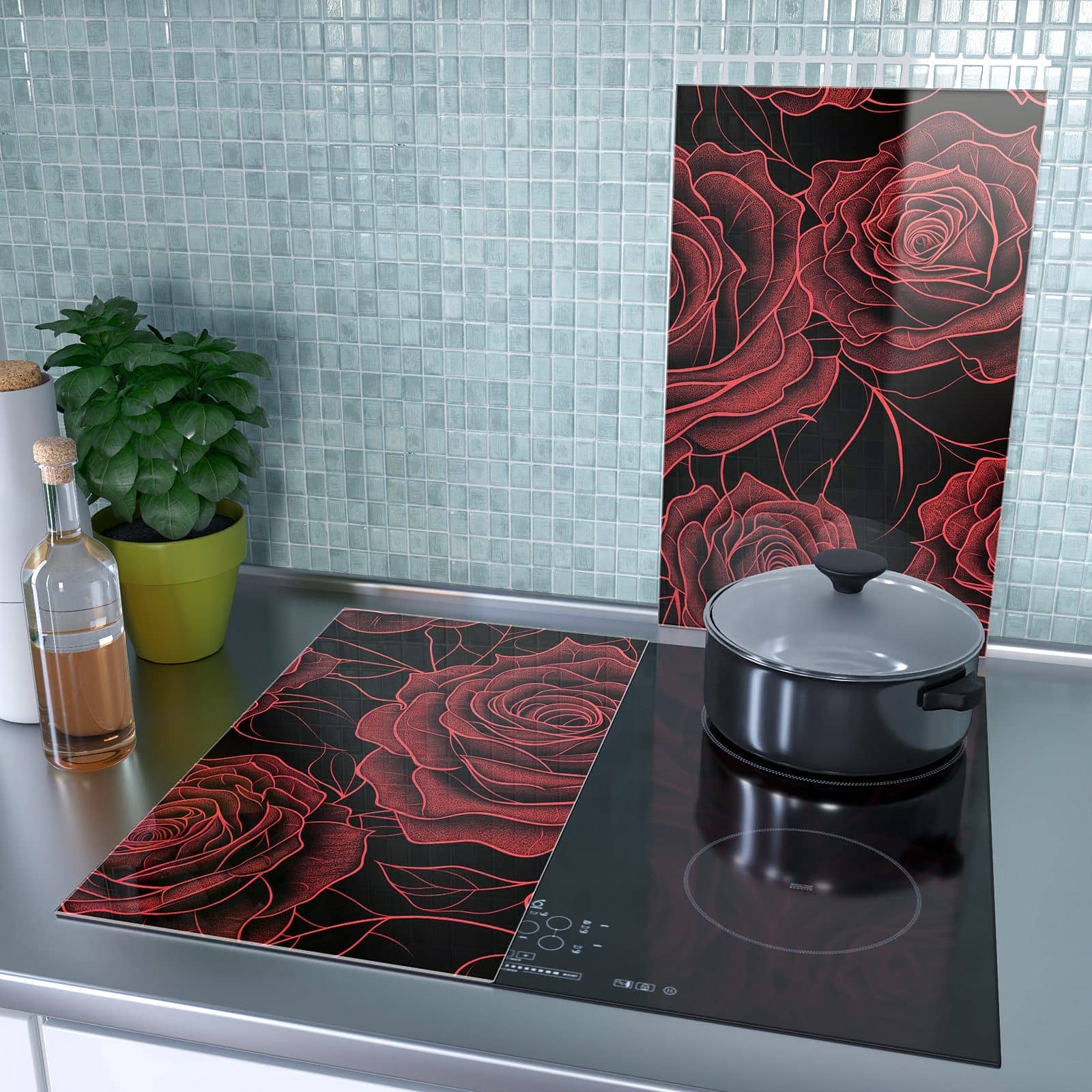 2-teilige Glasplatte für Herd mit Rosenmuster Schwarz-Motiv als Spritzschutz hinter dem Kochfeld