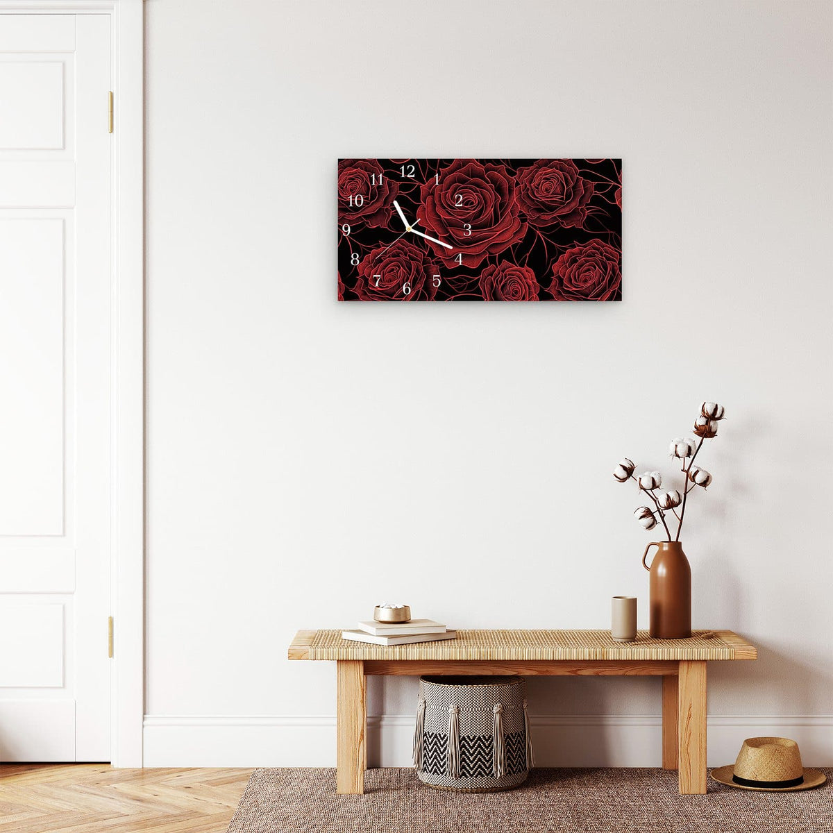 Moderne Wanduhr aus Glas mit Farbtiefe – Wanduhr Rosenmuster Schwarz aus Glas – Querformat 60 × 30 cm