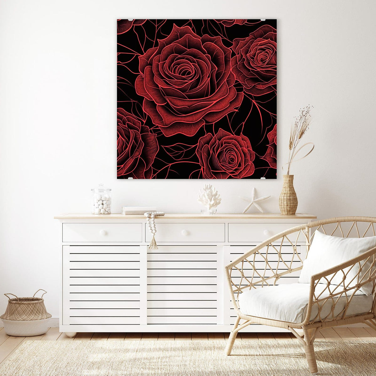 Glasbild Rosenmuster in Rot an der Wand – Grafisch gezeichnete rote Rosen mit Blättern als Muster auf schwarzem Grund