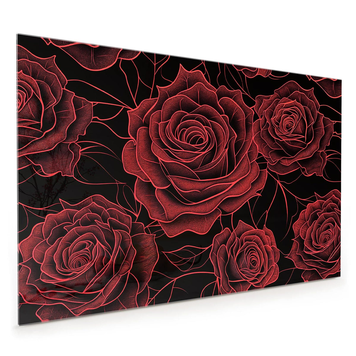 Küchenrückwand aus Glas im Hochformat: Grafisch gezeichnete rote Rosen mit Blättern als Muster auf schwarzem Grund