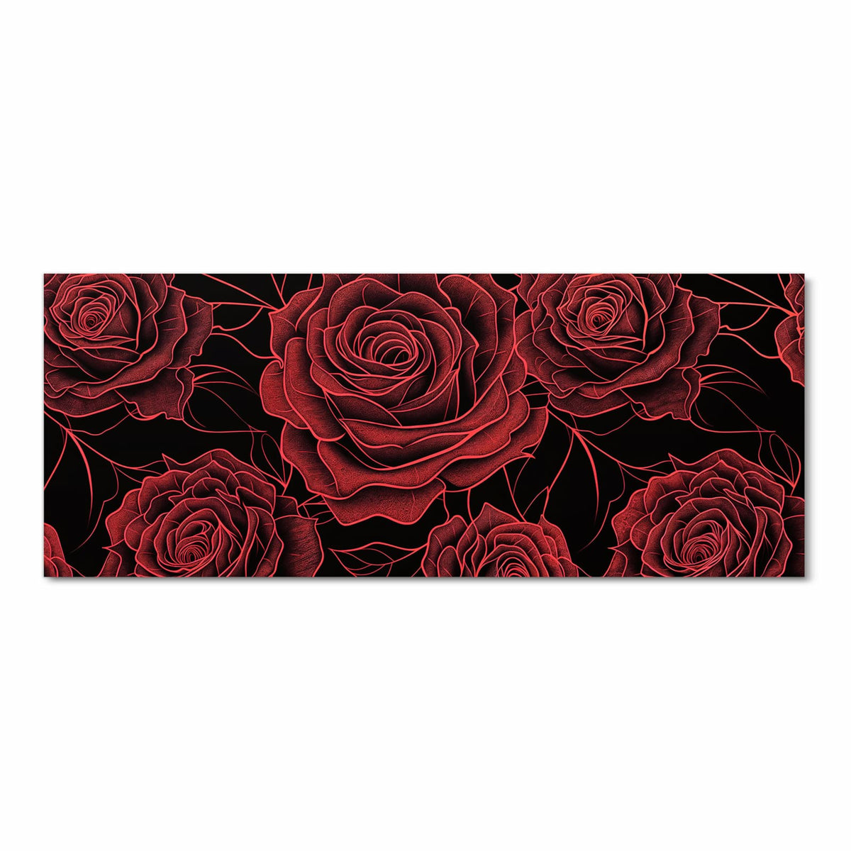 Grafisch gezeichnete rote Rosen mit Blättern als Muster auf schwarzem Grund