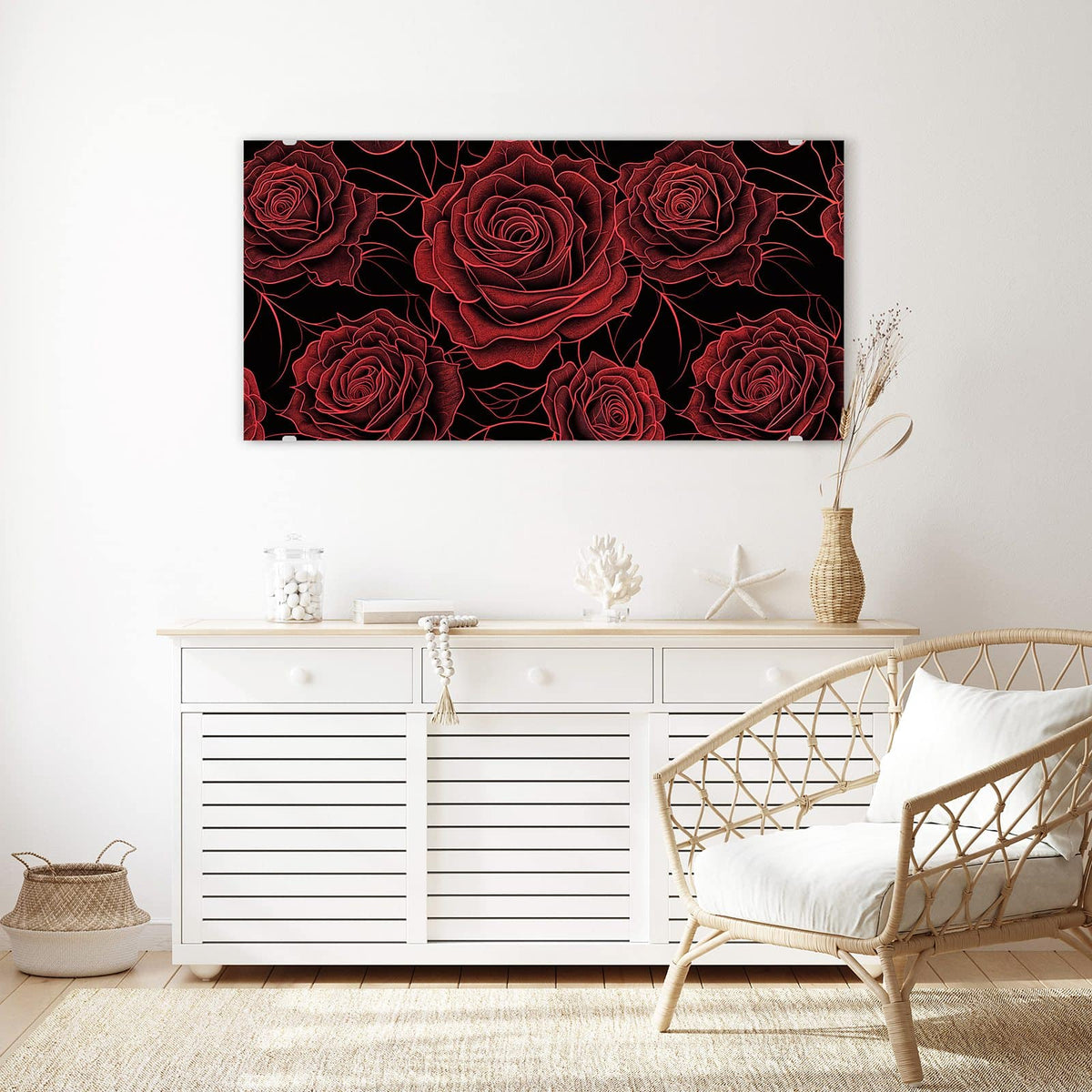 Echtglas, 4 mm – kein Acryl, keine Folie – Wandbild - Rosenmuster in Rot - Querformat