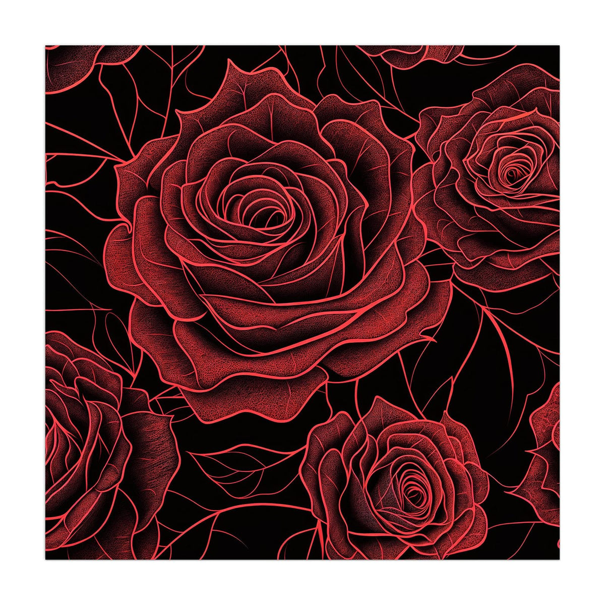 Grafisch gezeichnete rote Rosen mit Blättern als Muster auf schwarzem Grund