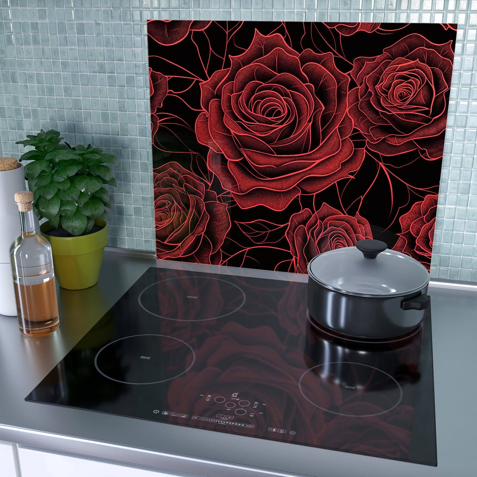 1-teilige Glasabdeckplatte für Ceranfeld mit Rosenmuster Schwarz-Motiv als Spritzschutz hinter dem Kochfeld