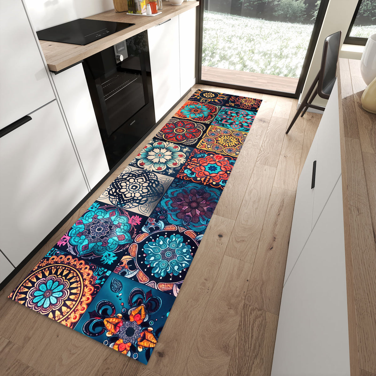 Abriebfester Küchenteppich mit Motiv Mandala Mosaik Teppich in moderner Küche