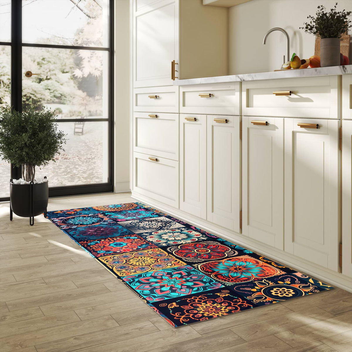 Waschbarer Bodenläufer Teppich mit Motiv Mandala Mosaik Teppich in heller Küche