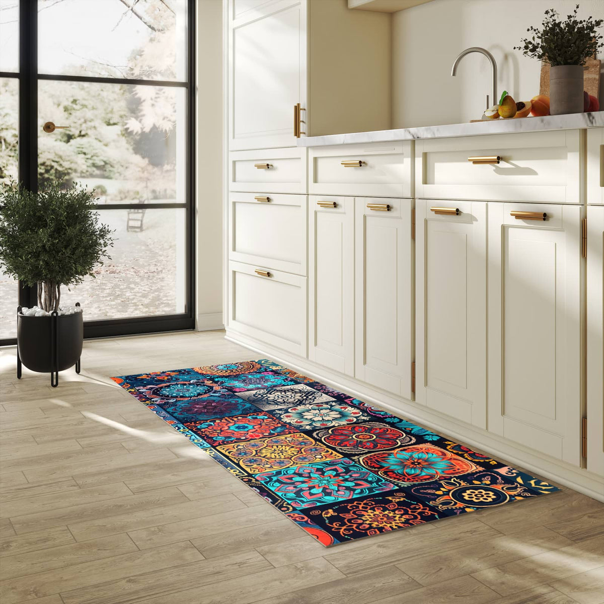 Rutschfester dünner Küchenteppich mit Motiv Mandala Mosaik Teppich in heller Küche
