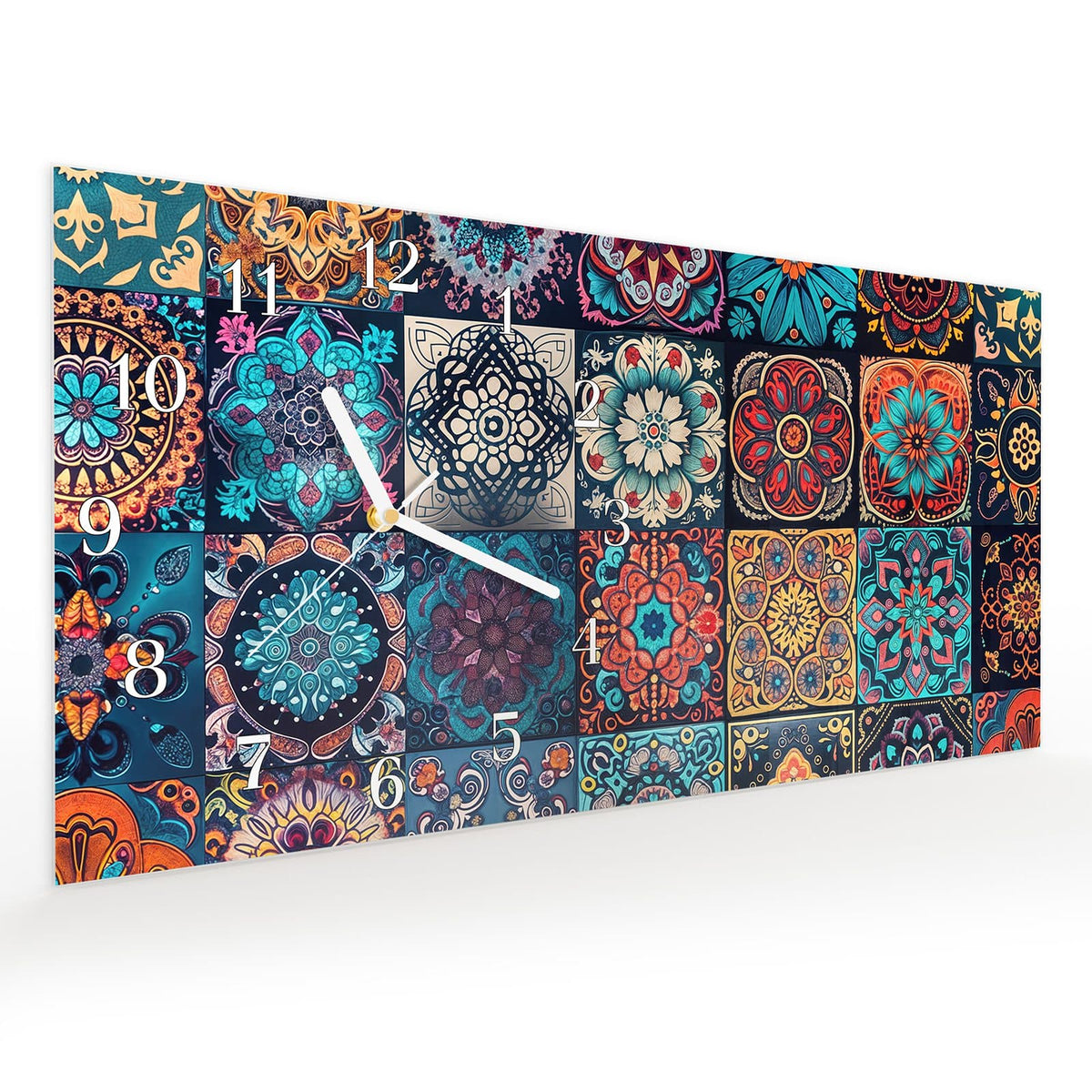 Vormontiert – mit Schwebeeffekt – Wanduhr Mandala Mosaik Teppich aus Glas – Querformat 60 × 30 cm