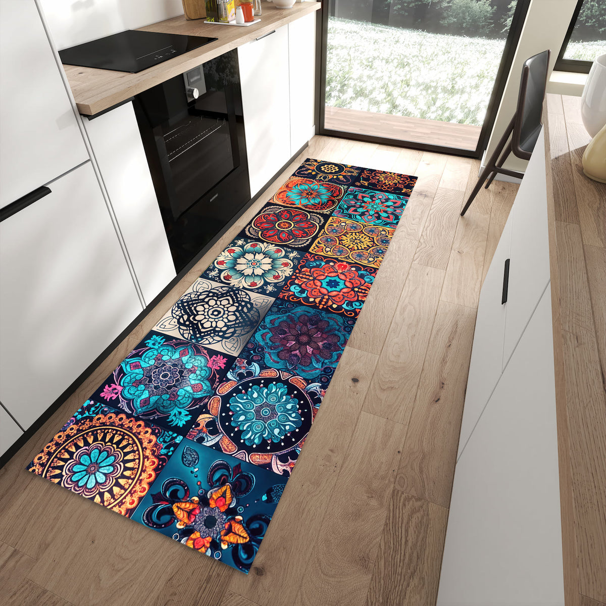 Geräuschdämpfender abwaschbarer Küchenläufer mit Motiv Mandala Mosaik Teppich in moderner Küche