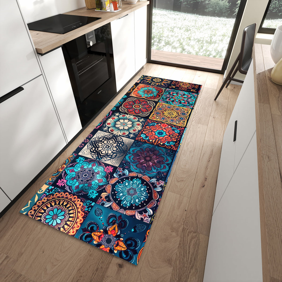 Wasserabweisender Teppich für Küche mit Motiv Mandala Mosaik Teppich in moderner Küche