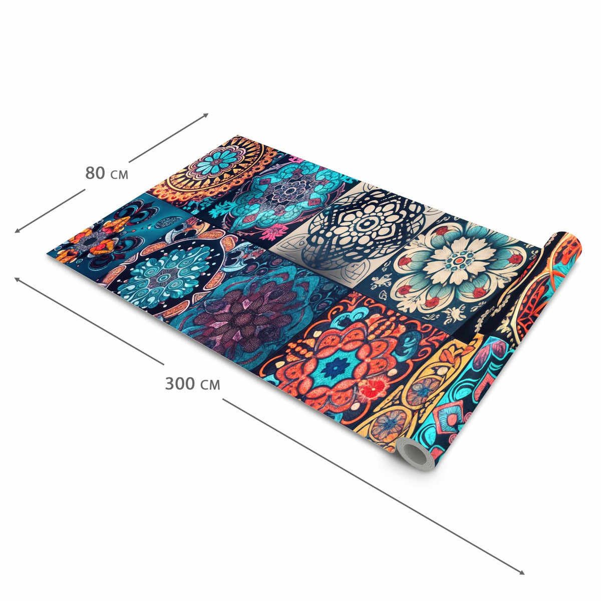 Geruchsneutraler langer Teppich Flur mit Motiv Mandala Mosaik Teppich in der Grösse 80x300 cm
