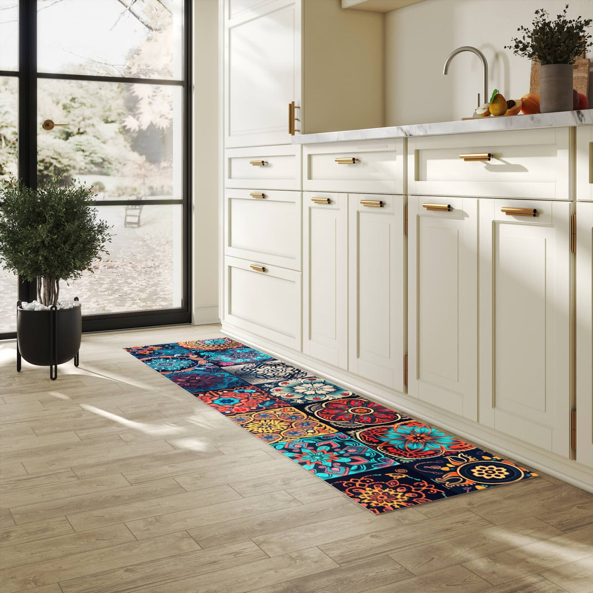 Langlebiger Läufer mit Motiv Mandala Mosaik Teppich für Eingangsbereich in heller Küche