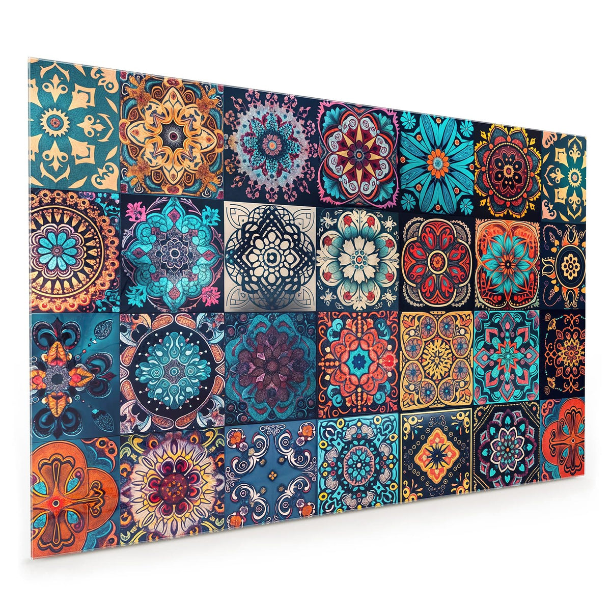 Küchenrückwand aus Glas im Hochformat: Raster aus zwanzig quadratischen Kacheln mit je einem Mandala auf Dunkelblau