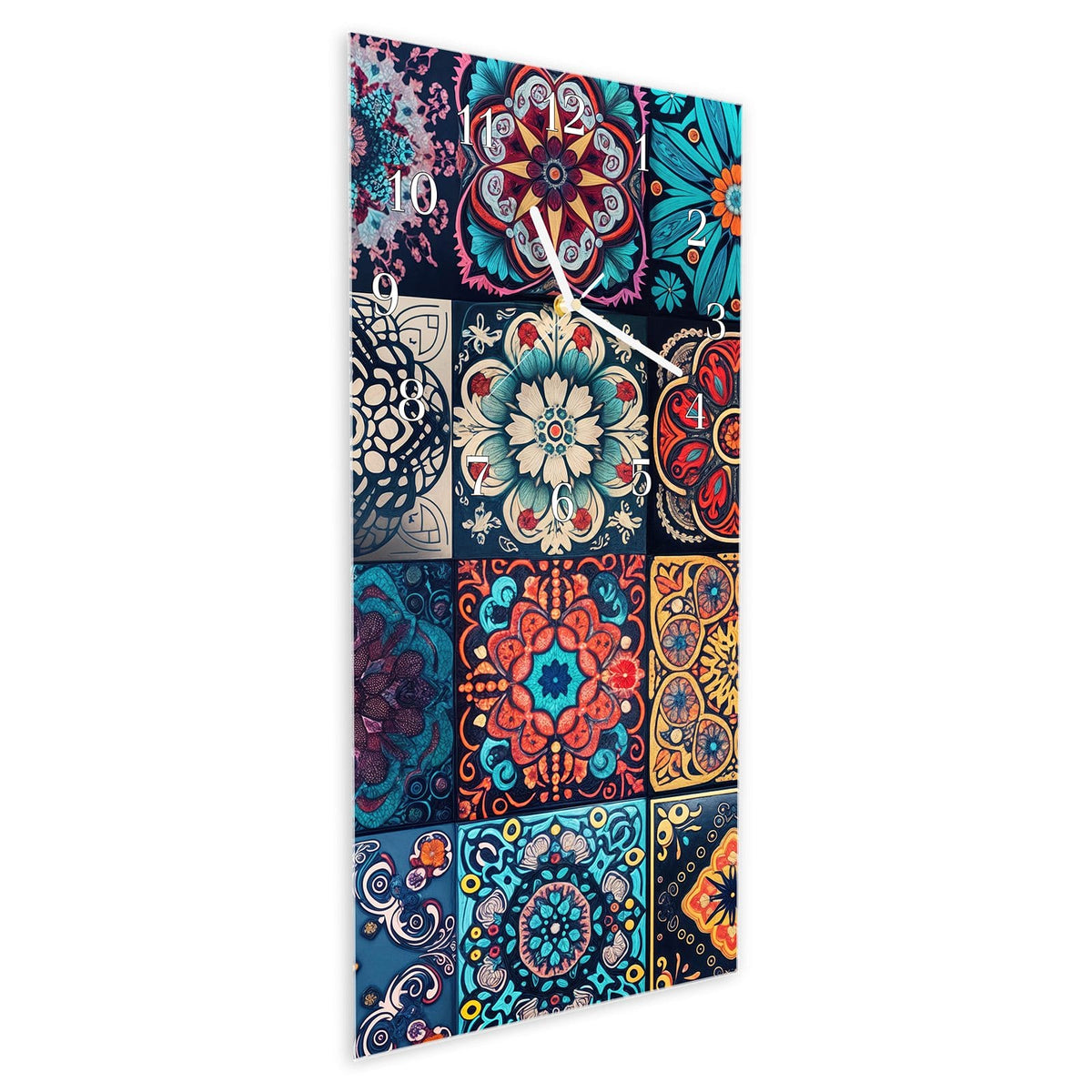 Vormontiert – mit Schwebeeffekt – Wanduhr Mandala Mosaik Teppich aus Glas – Hochformat 30 × 60 cm