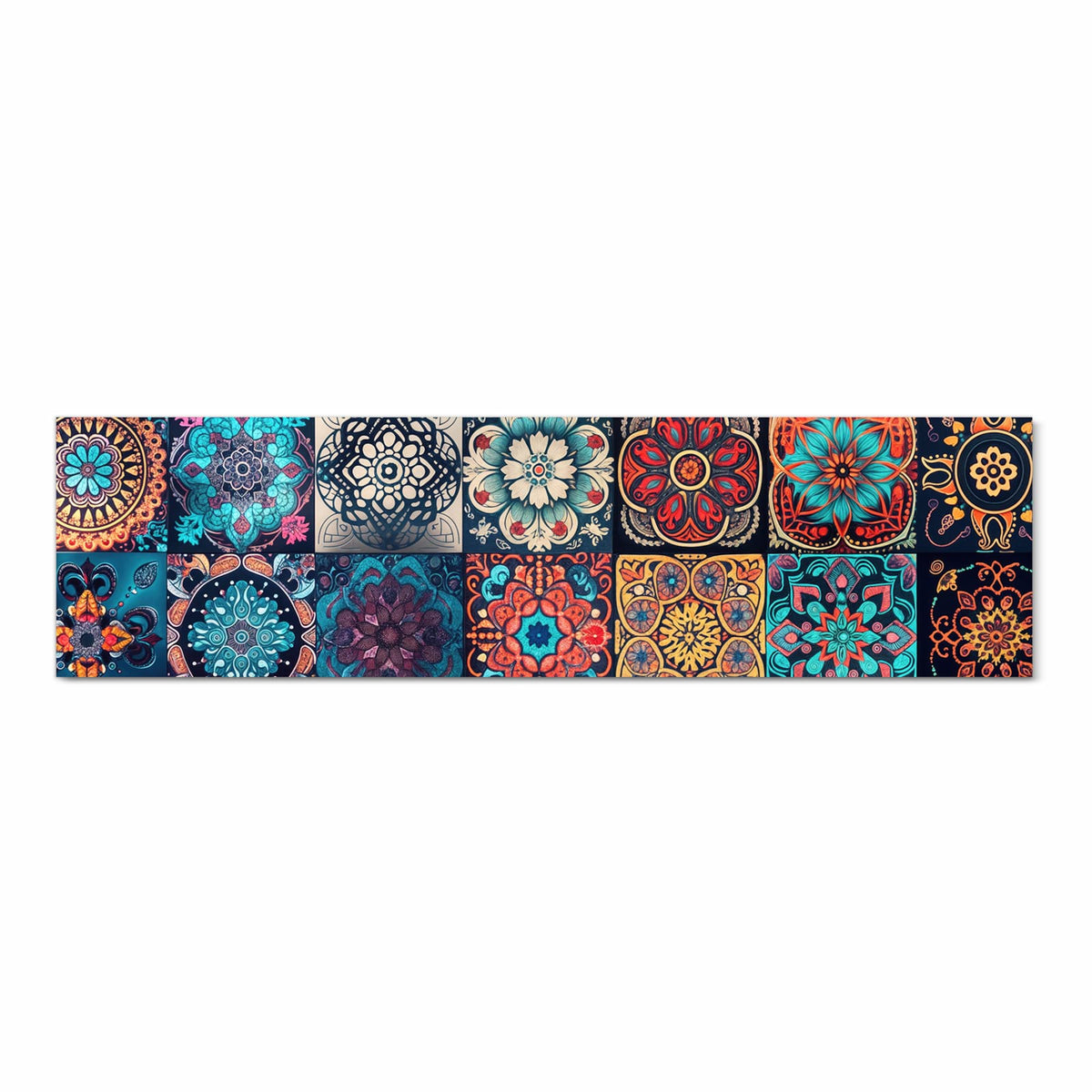 Waschbarer Teppich für Esstisch mit Motiv Mandala Mosaik Teppich in Frontansicht sicher aufbewahrt