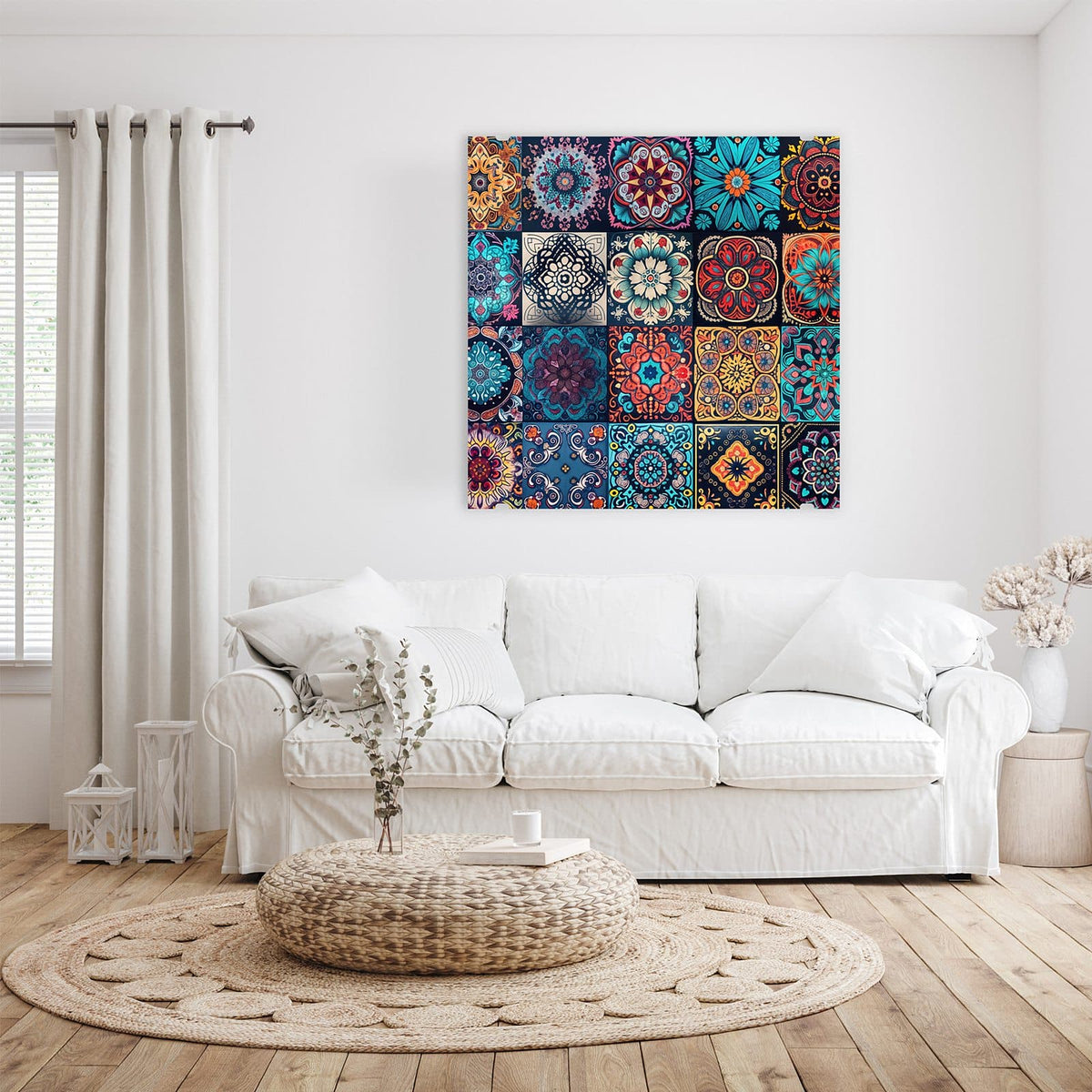 Raster aus zwanzig quadratischen Kacheln mit je einem Mandala auf Dunkelblau