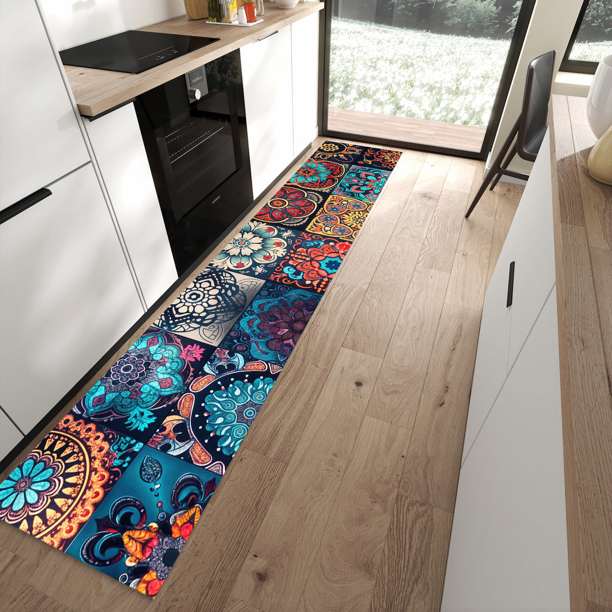 Formstabiler Küchenläufer nach Maß mit Motiv Mandala Mosaik Teppich in moderner Küche