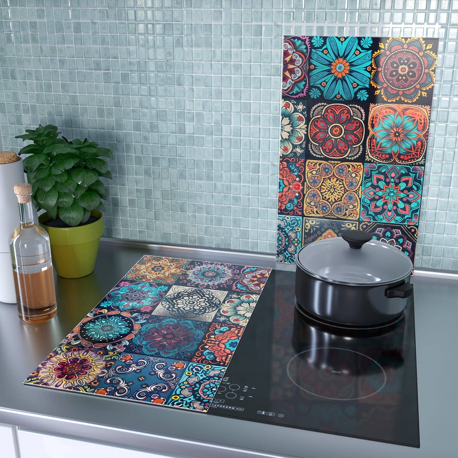 1-teilige Herdabdeckplatte mit Mandala Mosaik Teppich-Motiv als Spritzschutz hinter dem Kochfeld