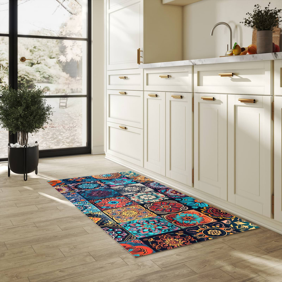 Strapazierfähiger Bodenläufer mit Motiv Mandala Mosaik Teppich in heller Küche