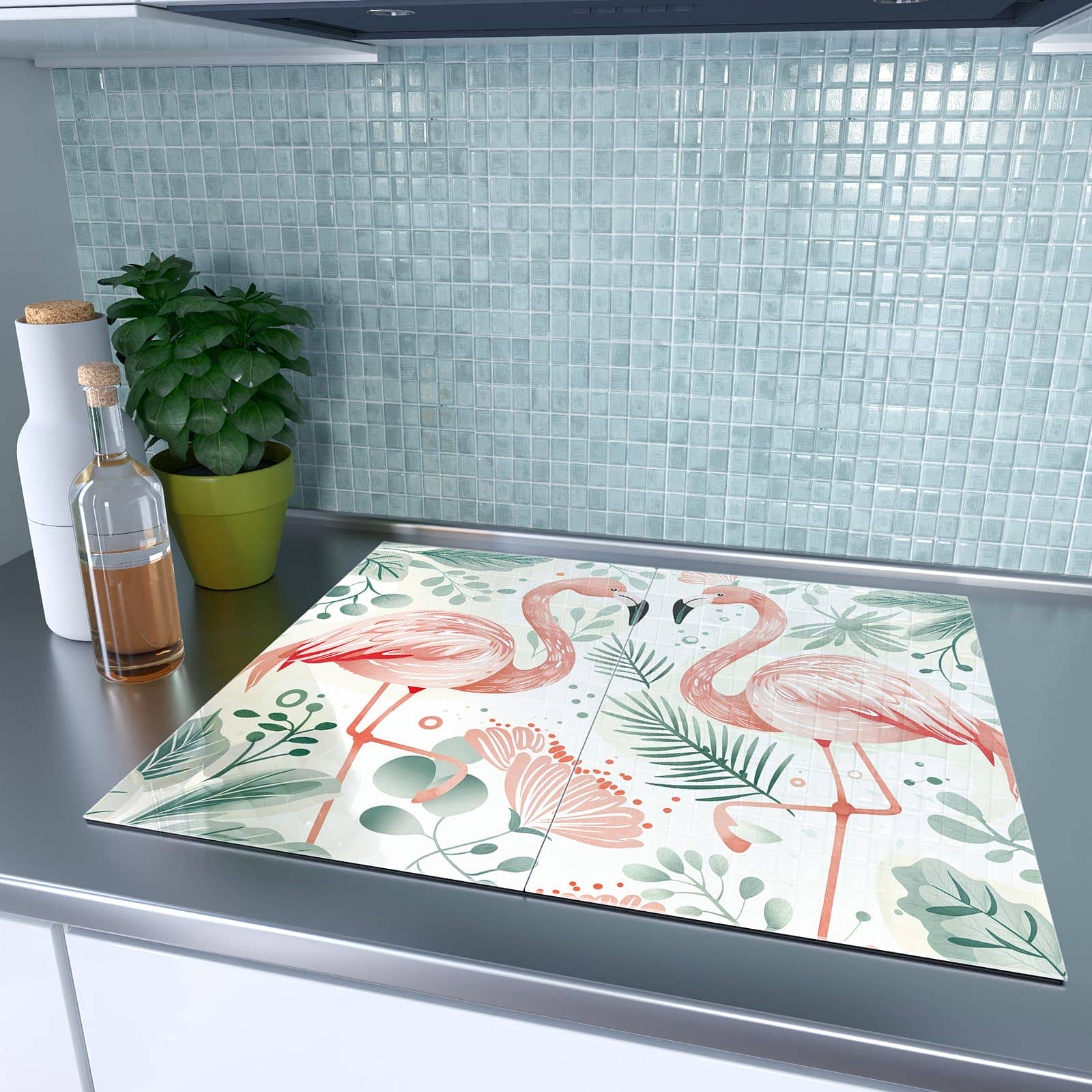 2-teilige Herdabdeckplatte für Ceranfeld mit Flamingo Blätter-Motiv auf dem Ceranfeld