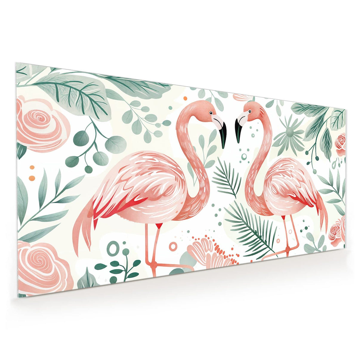 Küchenrückwand aus Glas im Hochformat: Illustration: zwei rosa Flamingos zwischen pastellgrünen Blättern auf Weiß