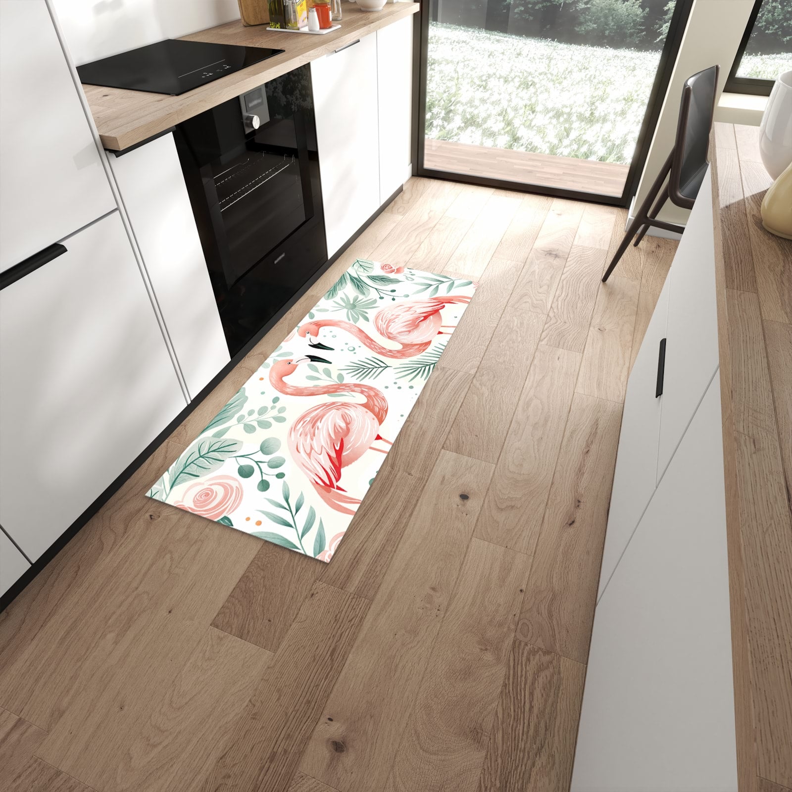 Langlebiger Küchenteppich mit Motiv Flamingo Blätter in moderner Küche #grösse_60 x 150 cm