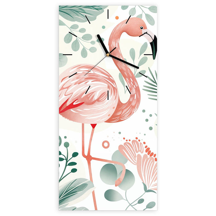 Wanduhr Flamingo Blätter aus Glas – Hochformat 30 × 60 cm mit Ziffernblatt Linie