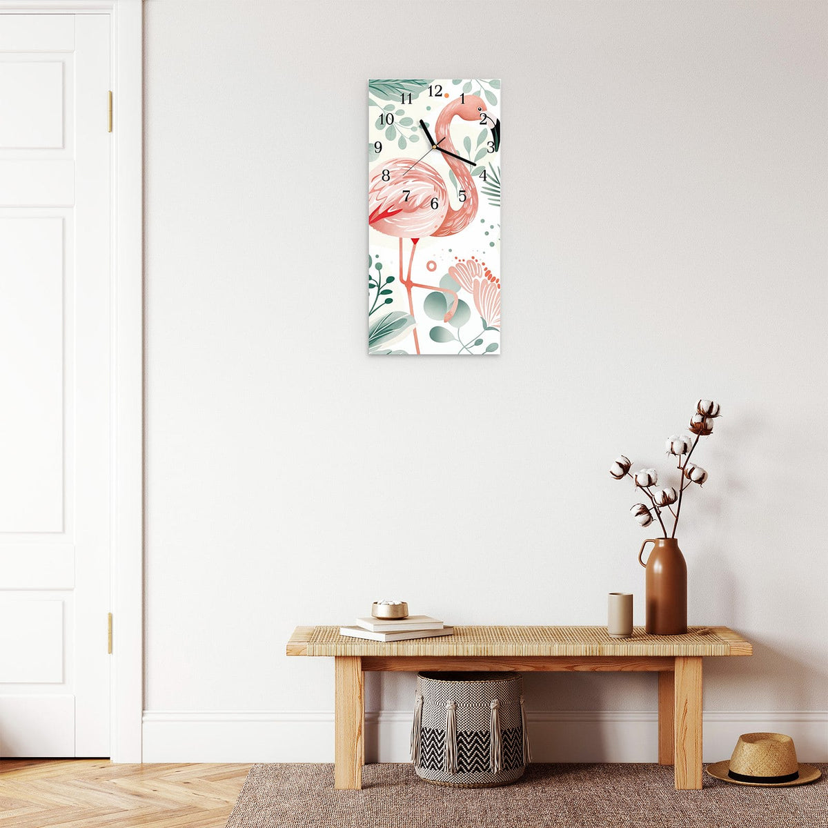 Moderne Wanduhr aus Glas mit Farbtiefe – Wanduhr Flamingo Blätter aus Glas – Hochformat 30 × 60 cm