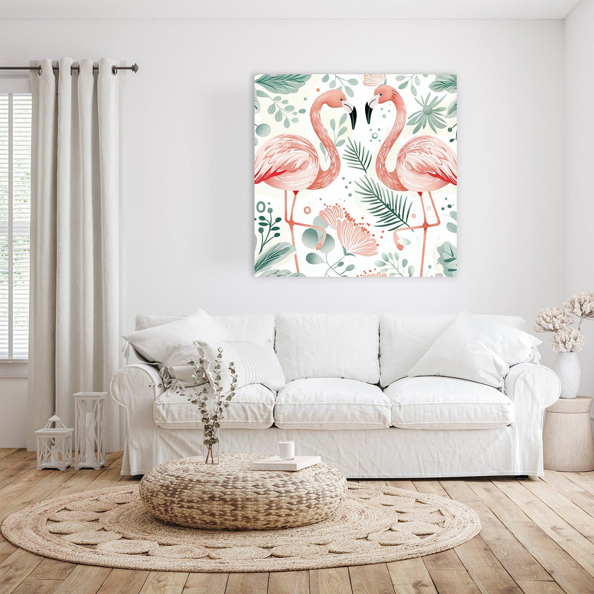 Glasbild Flamingos in Pastell an der Wand – Illustration: zwei rosa Flamingos zwischen pastellgrünen Blättern auf Weiß