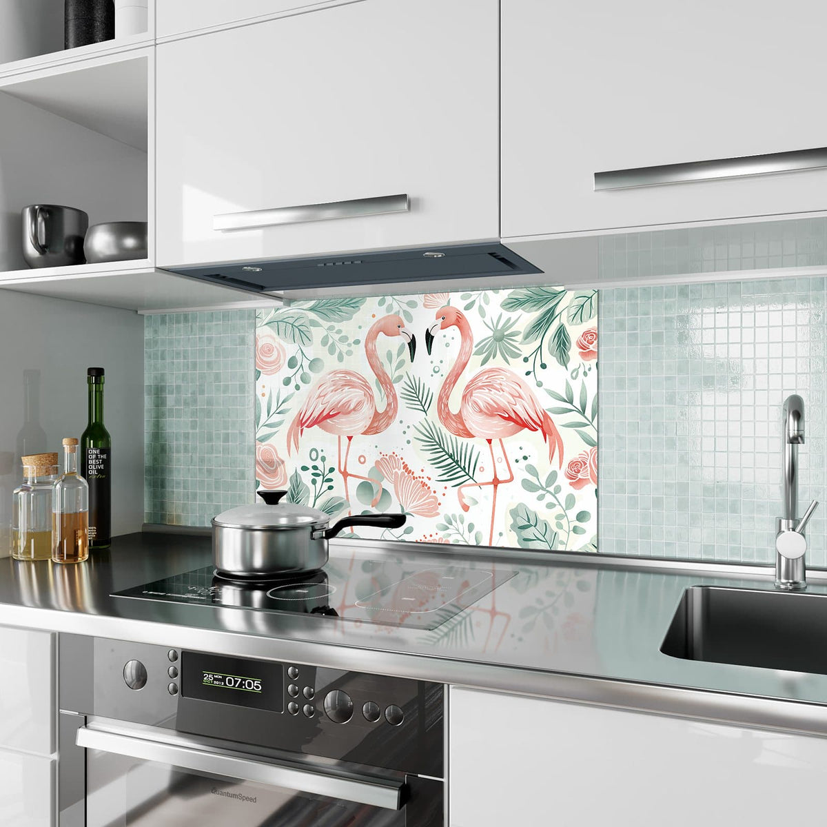 Küchenrückwand aus Glas Flamingos in Pastell im Hochformat als Spritzschutz hinter dem Kochfeld, über dem Fliesenspiegel montiert