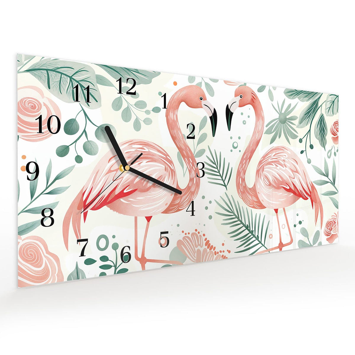 Vormontiert – mit Schwebeeffekt – Wanduhr Flamingo Blätter aus Glas – Querformat 60 × 30 cm