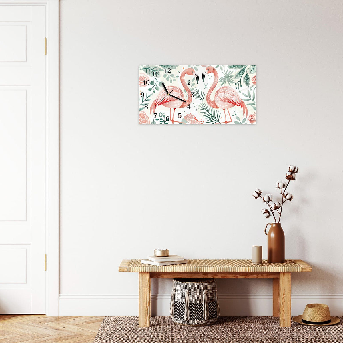 Moderne Wanduhr aus Glas mit Farbtiefe – Wanduhr Flamingo Blätter aus Glas – Querformat 60 × 30 cm