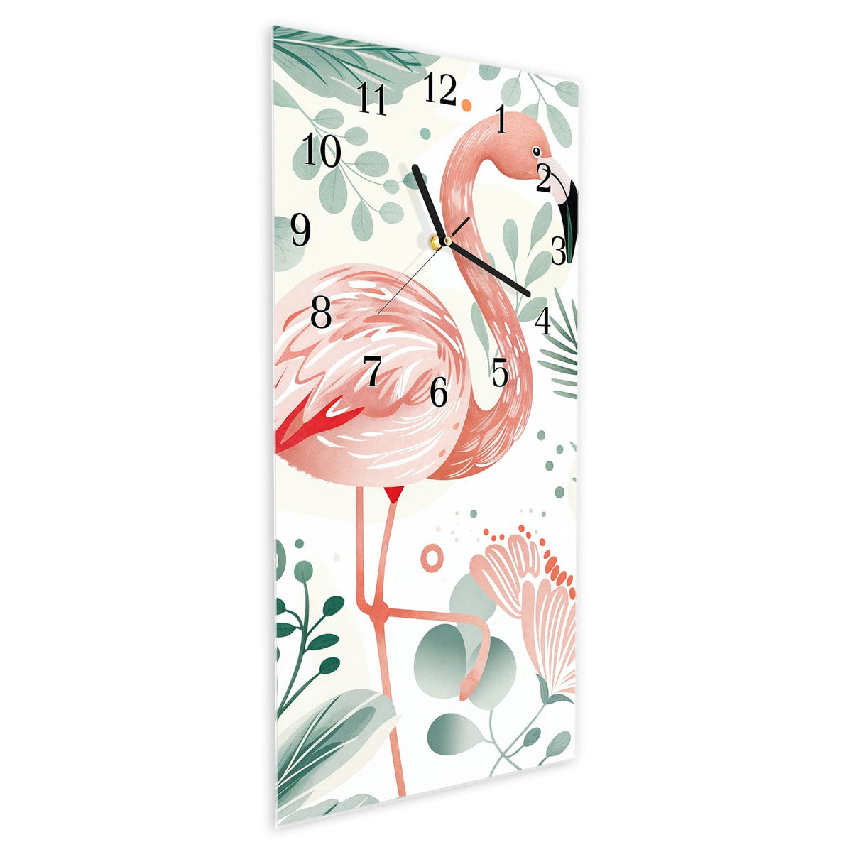 Vormontiert – mit Schwebeeffekt – Wanduhr Flamingo Blätter aus Glas – Hochformat 30 × 60 cm