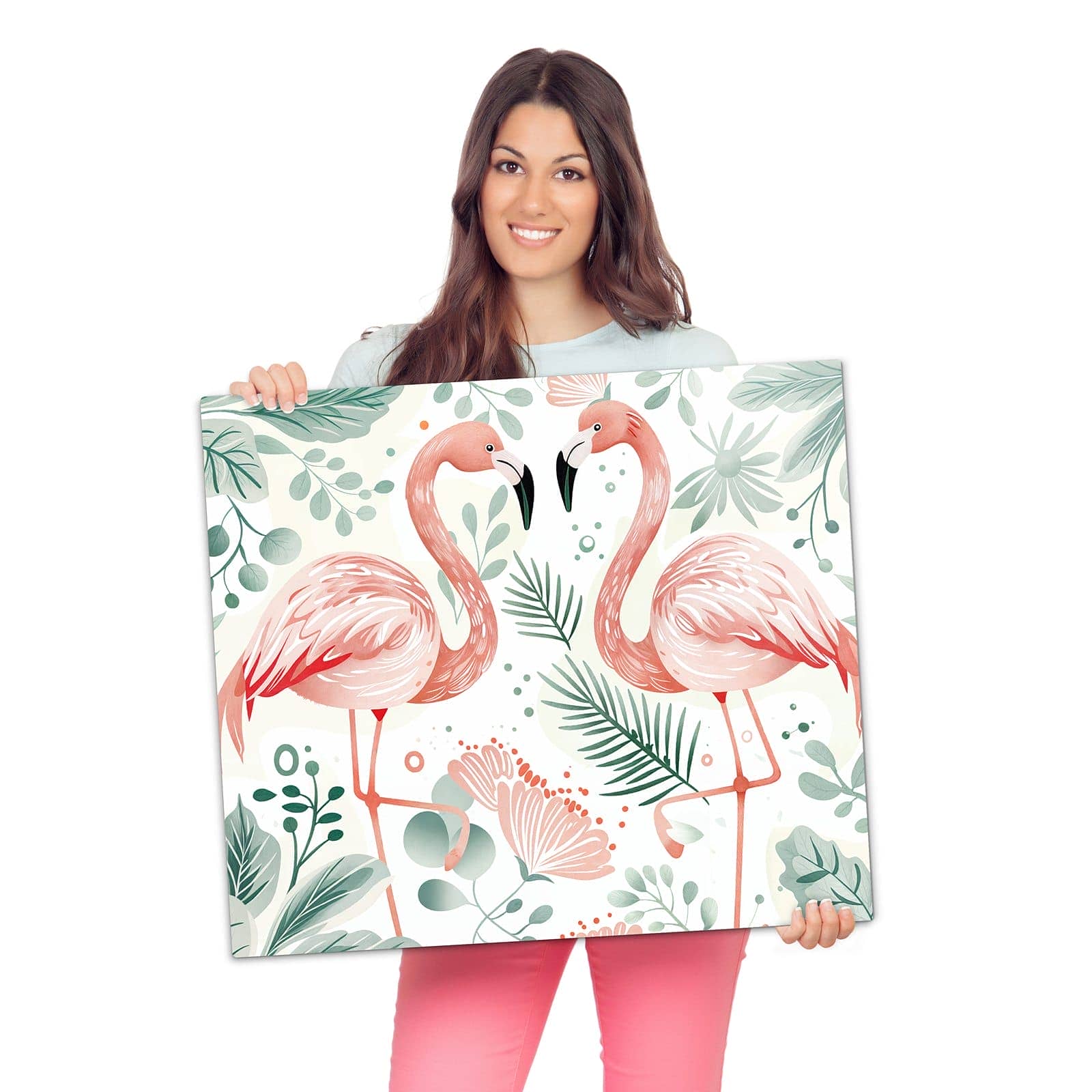 Herdabdeckplatte aus Glas mit Flamingo Blätter-Motiv wird zur Größendarstellung gehalten