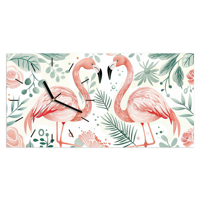 Wanduhr Flamingo Blätter aus Glas – Querformat 60 × 30 cm mit Ziffernblatt Linie