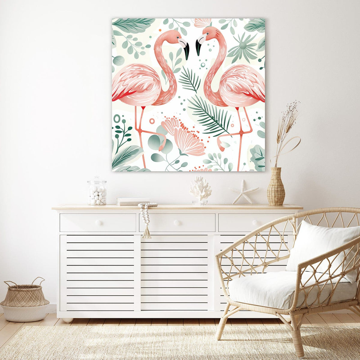 Glasbild Flamingos in Pastell an der Wand – Illustration: zwei rosa Flamingos zwischen pastellgrünen Blättern auf Weiß