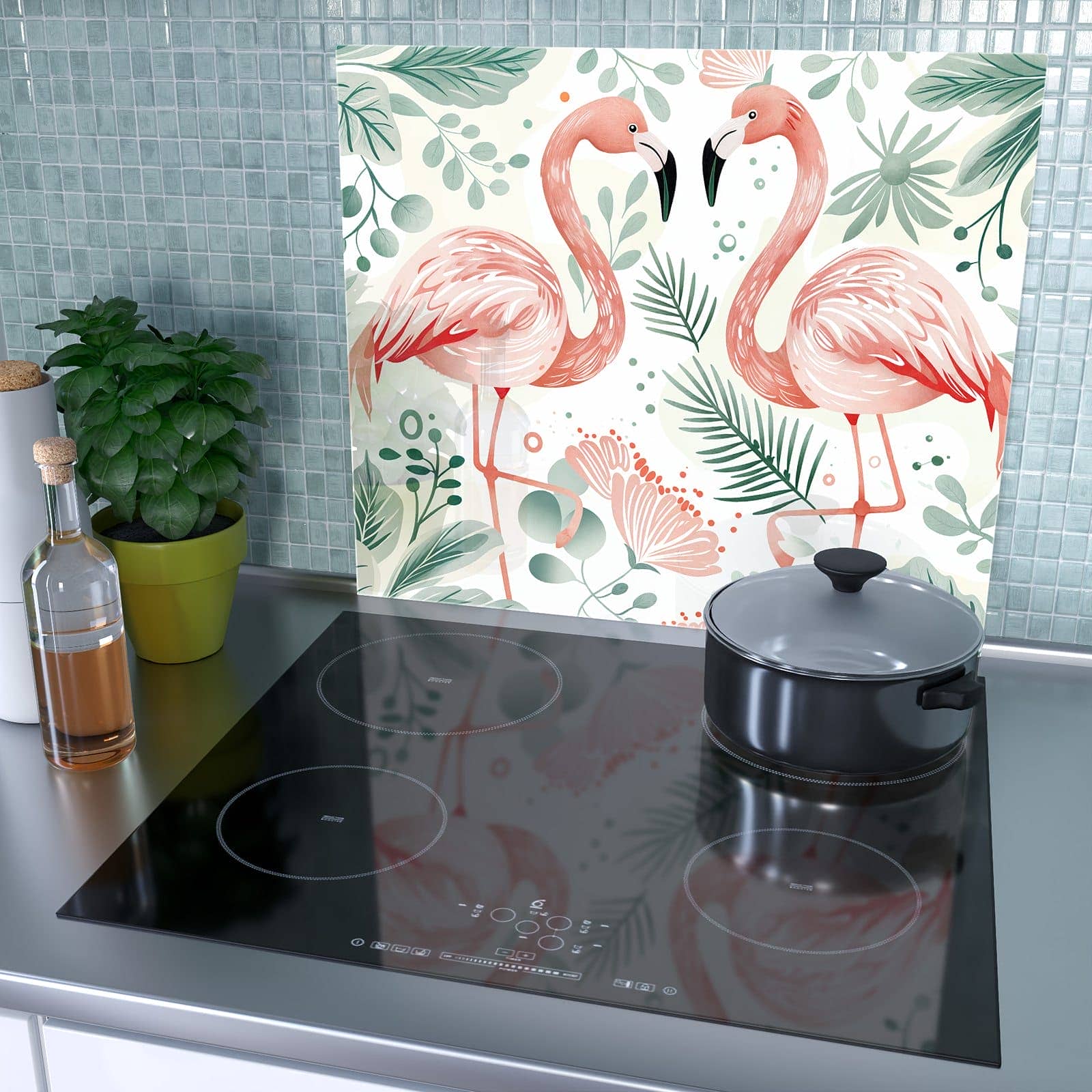 1-teilige Abdeckplatten für Ceranfeld mit Flamingo Blätter-Motiv als Spritzschutz hinter dem Kochfeld